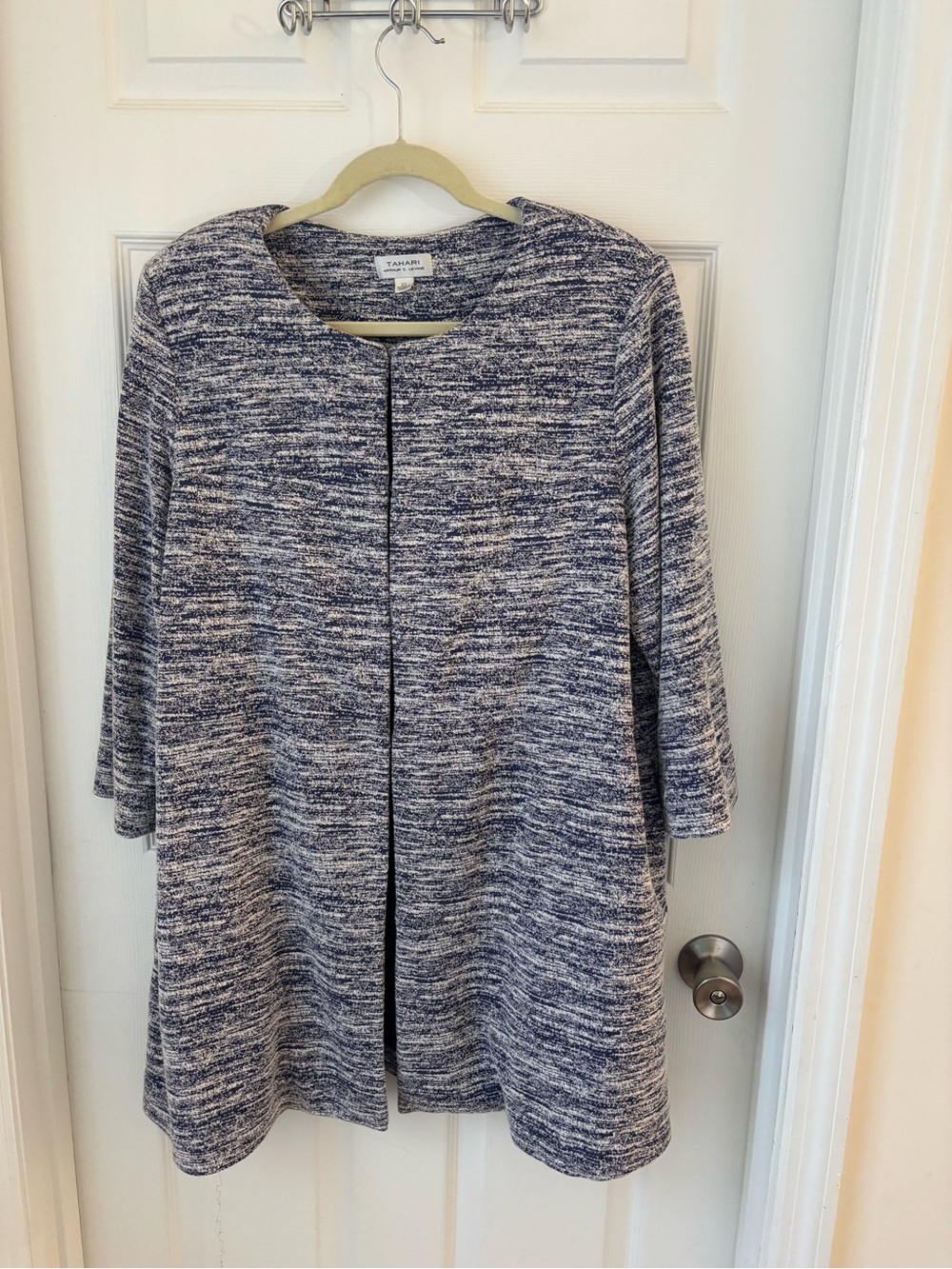 Tahari Arthur S Levine Navy Marled Open-Front Long Jacket